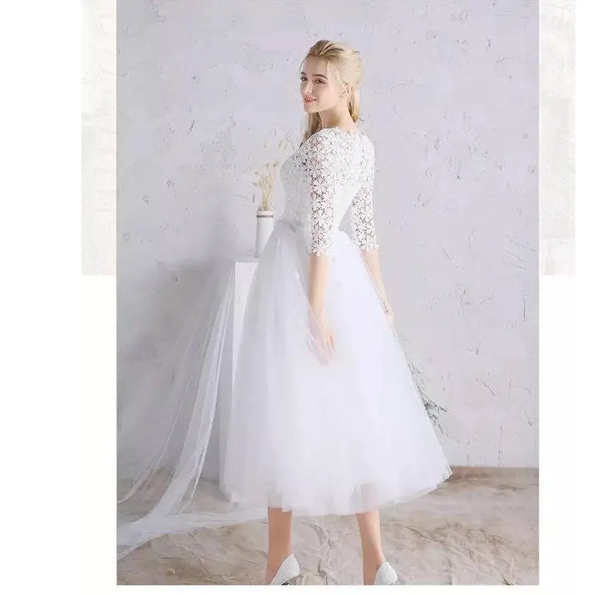 White Lace Floral Wedding Dress with Small Sleeves