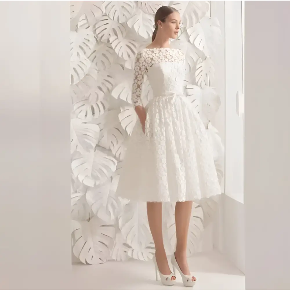 White Lace Floral Wedding Dress with Small Sleeves