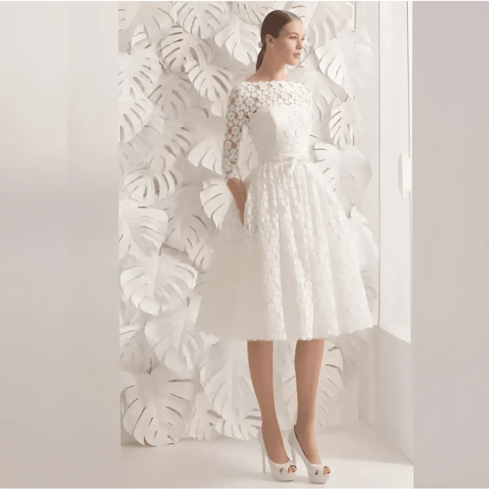 White Lace Floral Wedding Dress with Small Sleeves - Luzilly Bridal & Apparel