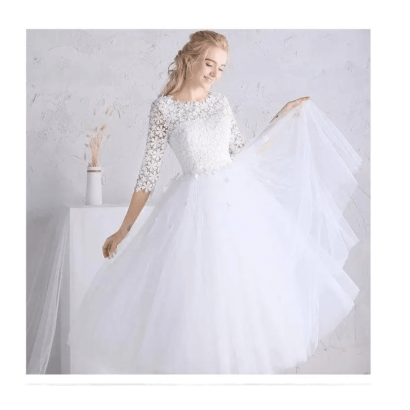 White Lace Floral Wedding Dress with Small Sleeves - Luzilly Bridal & Apparel