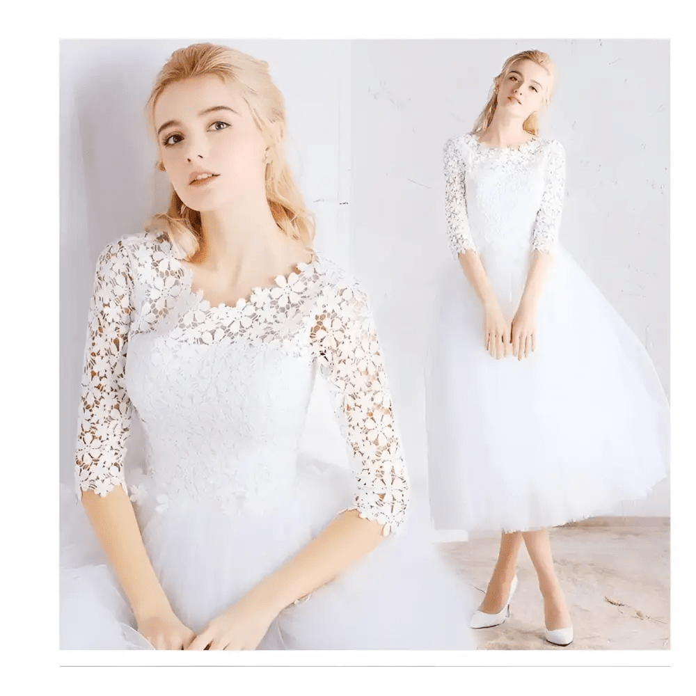 White Lace Floral Wedding Dress with Small Sleeves - Luzilly Bridal & Apparel
