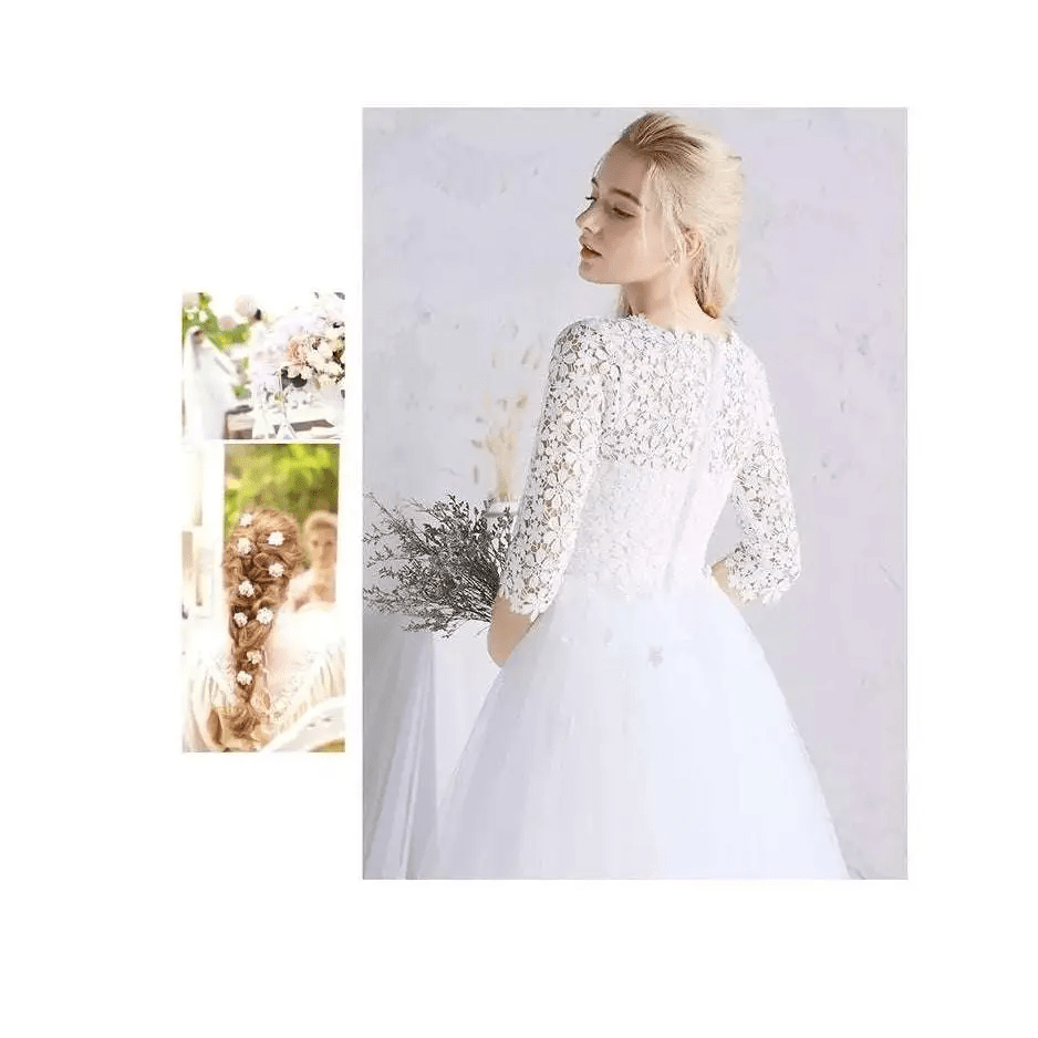 White Lace Floral Wedding Dress with Small Sleeves - Luzilly Bridal & Apparel