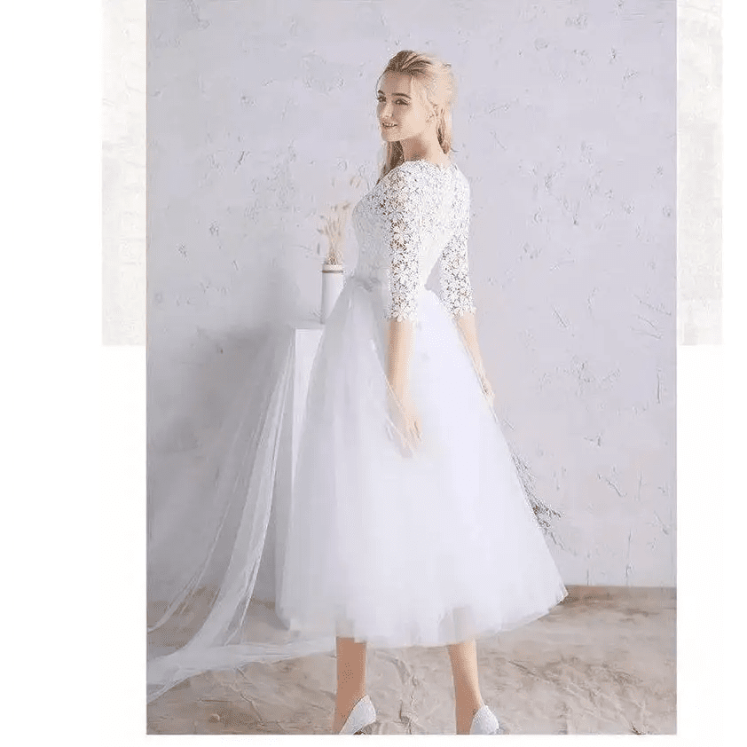 White Lace Floral Wedding Dress with Small Sleeves - Luzilly Bridal & Apparel