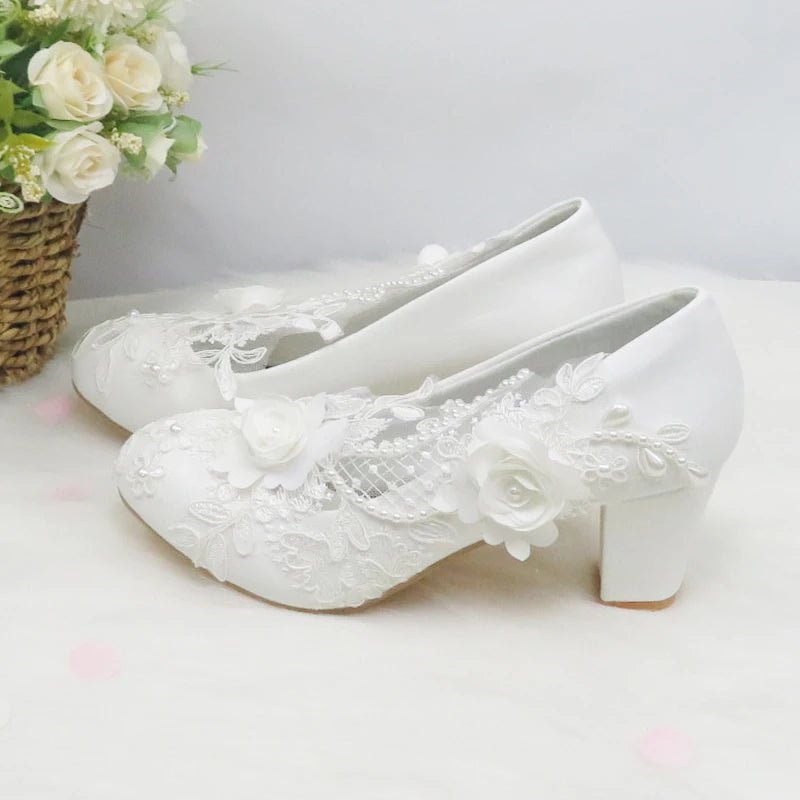 White Lace Flower Block-Heel Bridal Shoes - Luzilly Bridal & Apparel