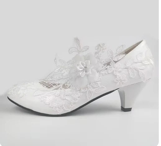 White Lace Flower Block-Heel Bridal Shoes - Luzilly Bridal & Apparel
