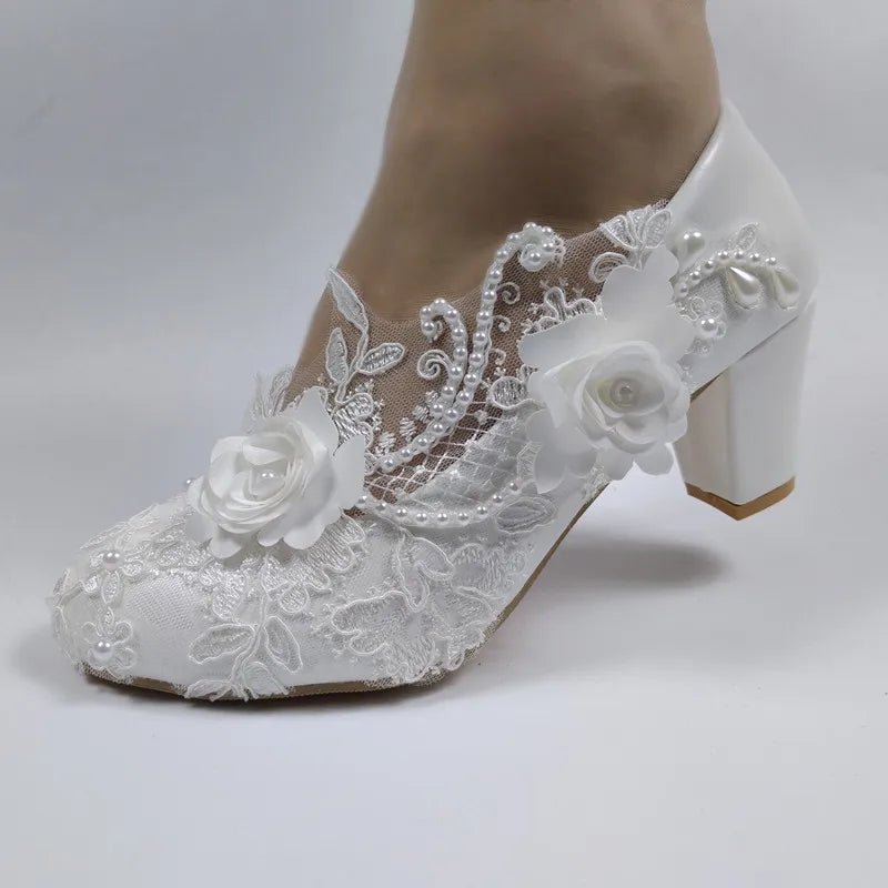 White Lace Flower Block-Heel Bridal Shoes - Luzilly Bridal & Apparel