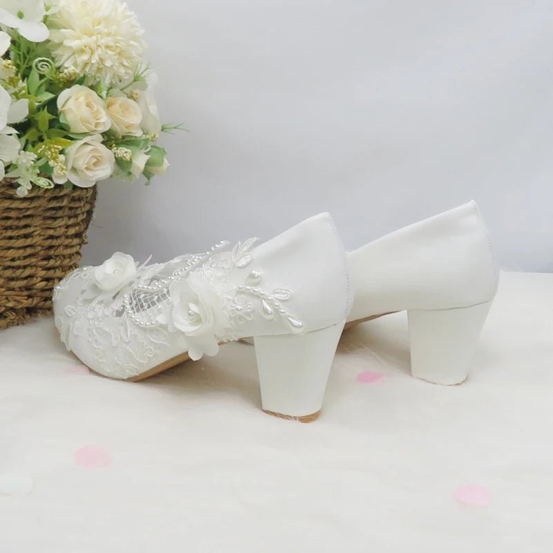 White Lace Flower Block-Heel Bridal Shoes - Luzilly Bridal & Apparel