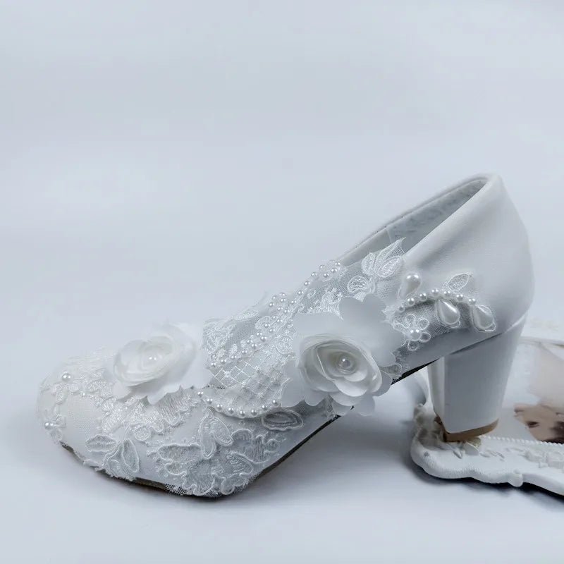 White Lace Flower Block-Heel Bridal Shoes - Luzilly Bridal & Apparel