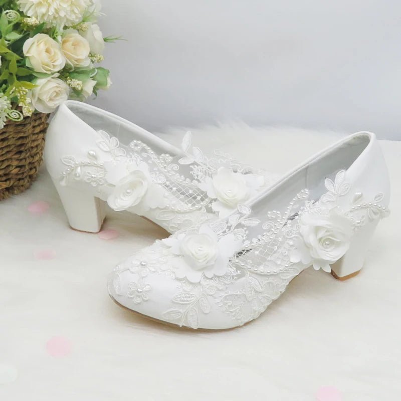 White Lace Flower Block-Heel Bridal Shoes - Luzilly Bridal & Apparel