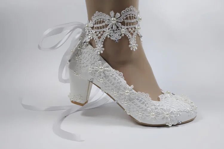 White Lace Flower Block-Heel Bridal Shoes - Luzilly Bridal & Apparel