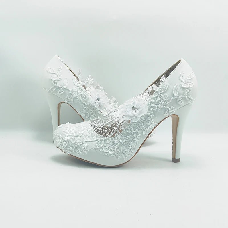 White Lace Flower Block-Heel Bridal Shoes - Luzilly Bridal & Apparel