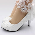 White Lace Flower & Pearl Bridal High Heels - Luzilly Bridal & Apparel