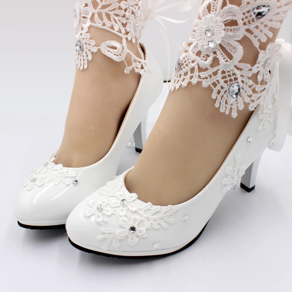 White Lace Flower & Pearl Bridal High Heels - Luzilly Bridal & Apparel