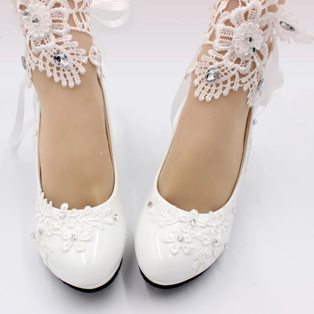 White Lace Flower & Pearl Bridal High Heels - Luzilly Bridal & Apparel