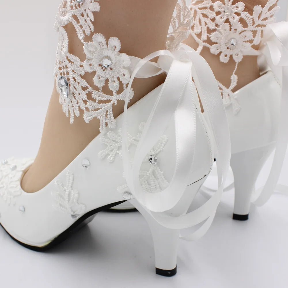 White Lace Flower & Pearl Bridal High Heels - Luzilly Bridal & Apparel