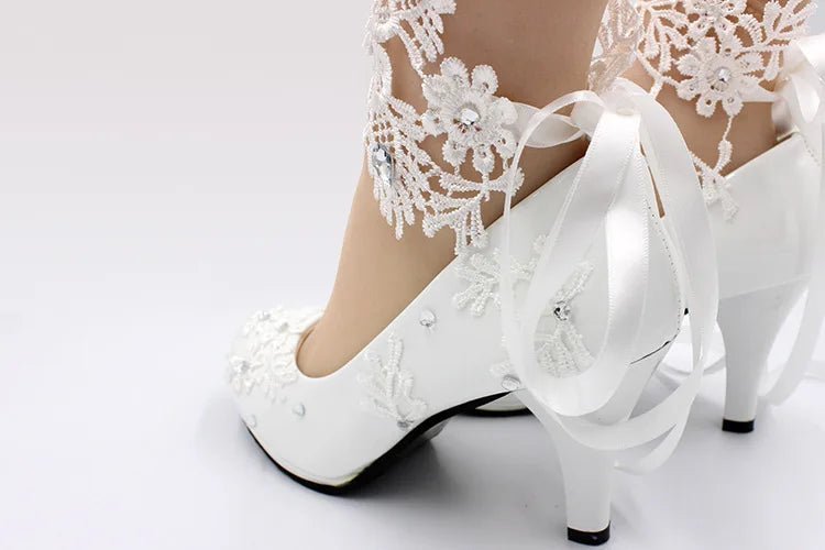 White Lace Flower & Pearl Bridal High Heels - Luzilly Bridal & Apparel