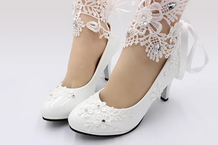 White Lace Flower & Pearl Bridal High Heels - Luzilly Bridal & Apparel
