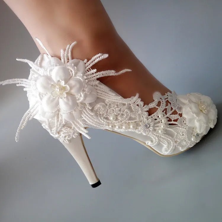 White Lace Flower Peep-Toe Bridal Pumps - Luzilly Bridal & Apparel