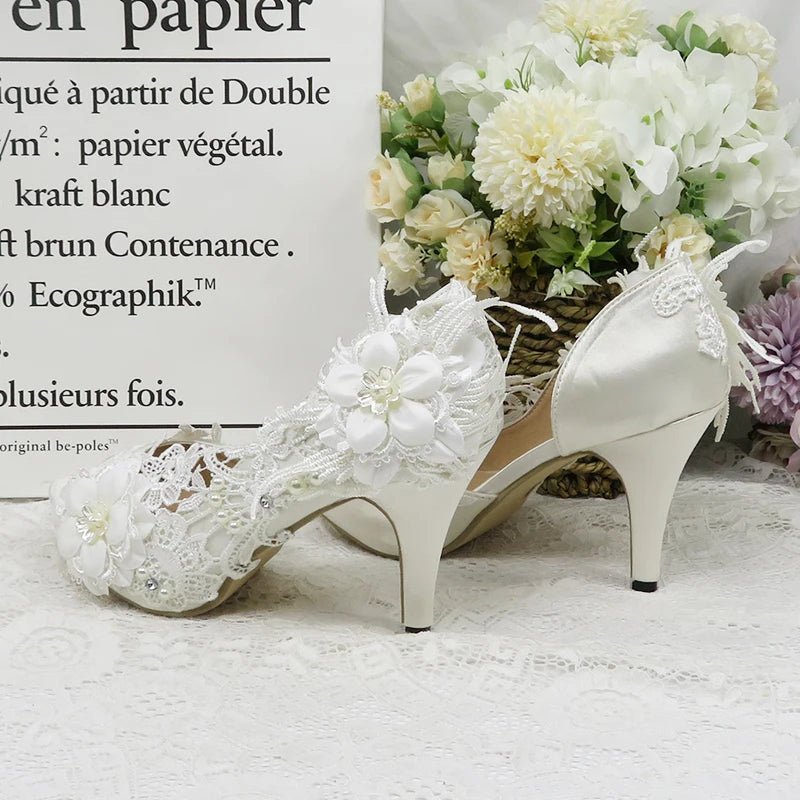 White Lace Flower Peep-Toe Bridal Pumps - Luzilly Bridal & Apparel