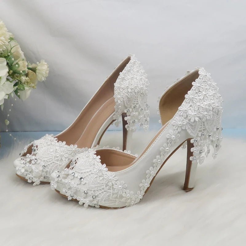 White Lace Flower Peep-Toe Bridal Pumps - Luzilly Bridal & Apparel
