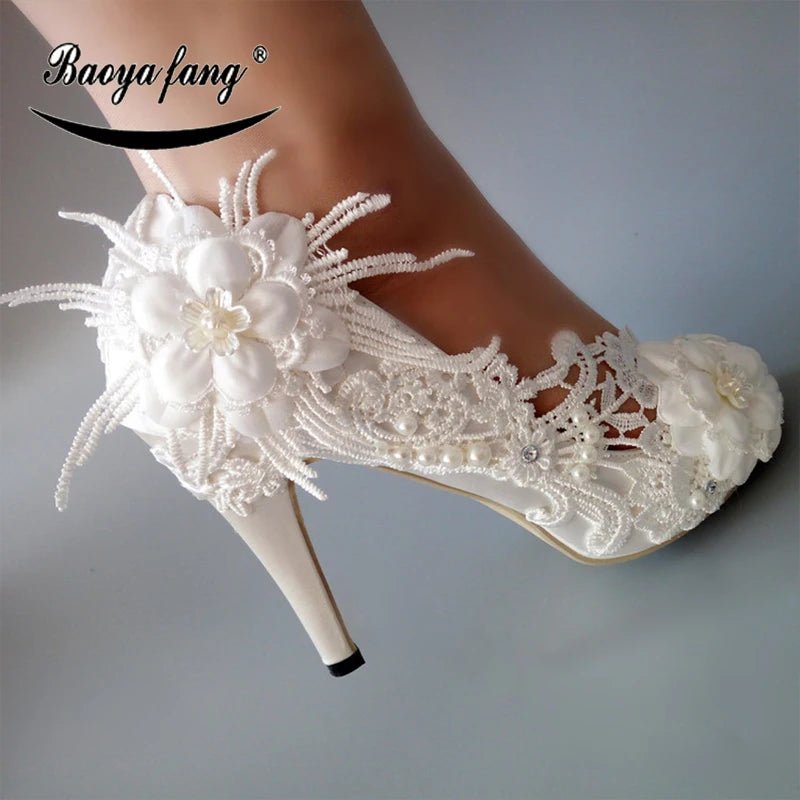 White Lace Flower Peep-Toe Bridal Pumps - Luzilly Bridal & Apparel