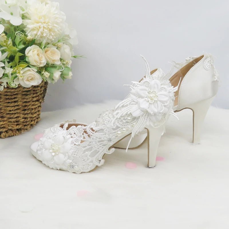 White Lace Flower Peep-Toe Bridal Pumps - Luzilly Bridal & Apparel