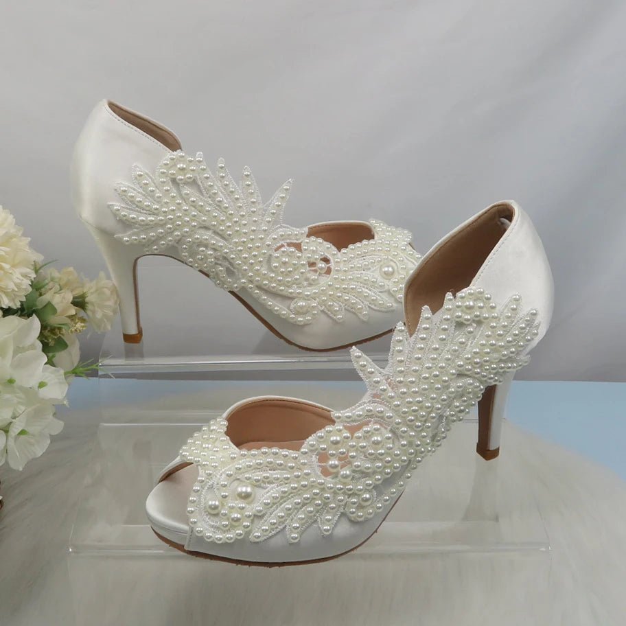 White Lace Flower Peep-Toe Bridal Pumps - Luzilly Bridal & Apparel