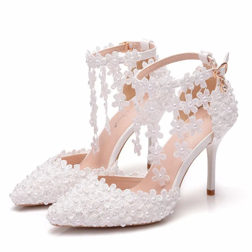 White Lace Flower Tassel Bridal Stilettos - Luzilly Bridal & Apparel