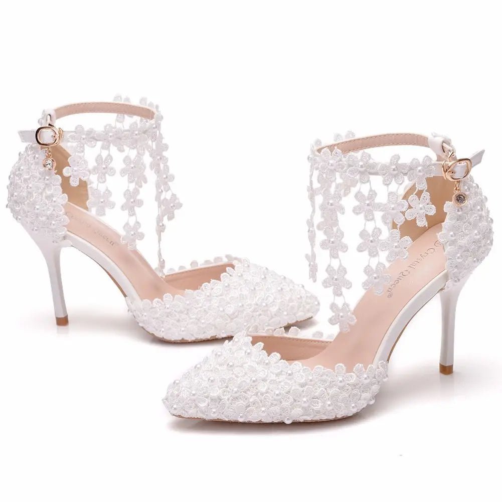 White Lace Flower Tassel Bridal Stilettos - Luzilly Bridal & Apparel