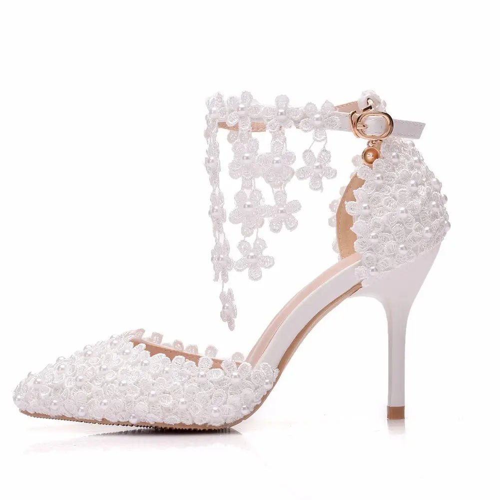 White Lace Flower Tassel Bridal Stilettos - Luzilly Bridal & Apparel