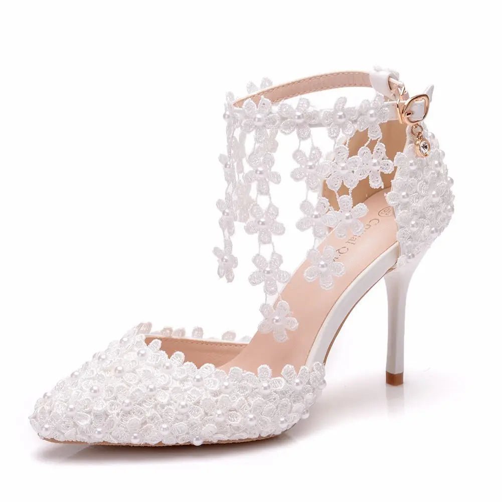 White Lace Flower Tassel Bridal Stilettos - Luzilly Bridal & Apparel
