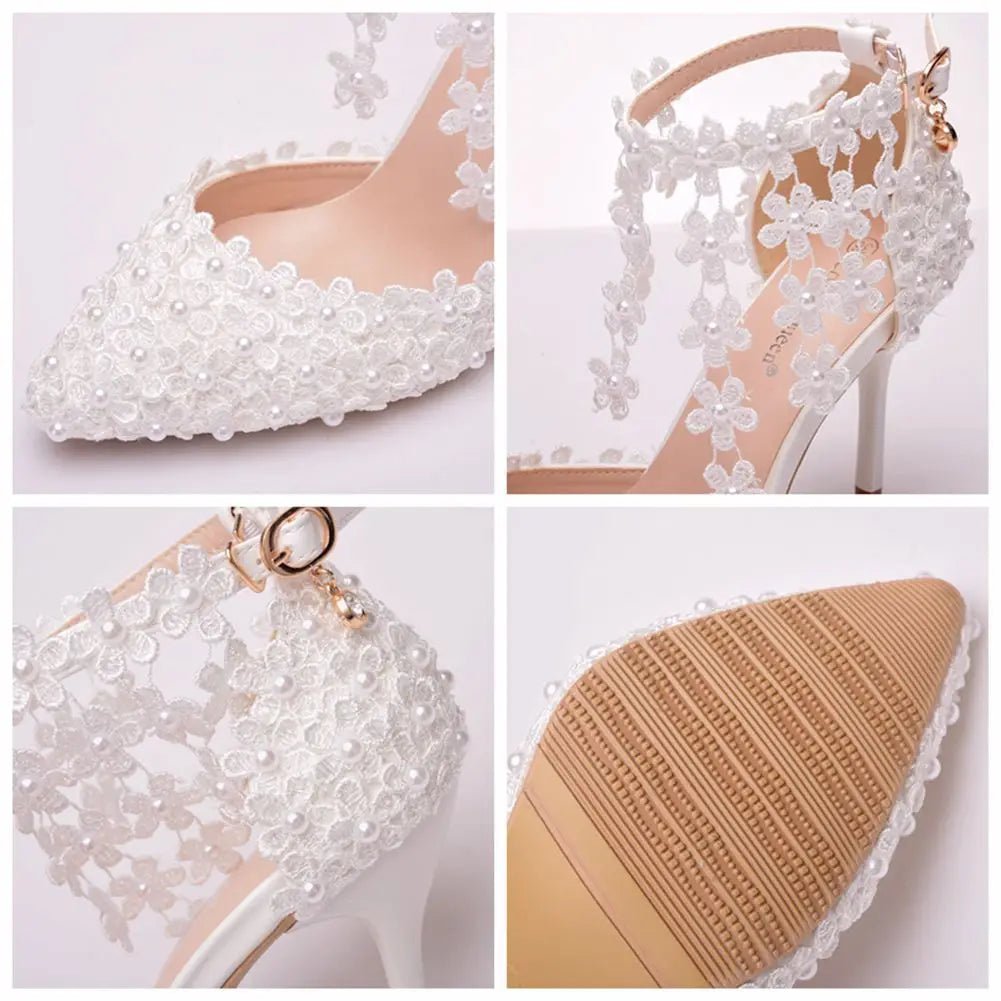 White Lace Flower Tassel Bridal Stilettos - Luzilly Bridal & Apparel