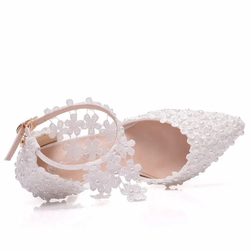 White Lace Flower Tassel Bridal Stilettos - Luzilly Bridal & Apparel
