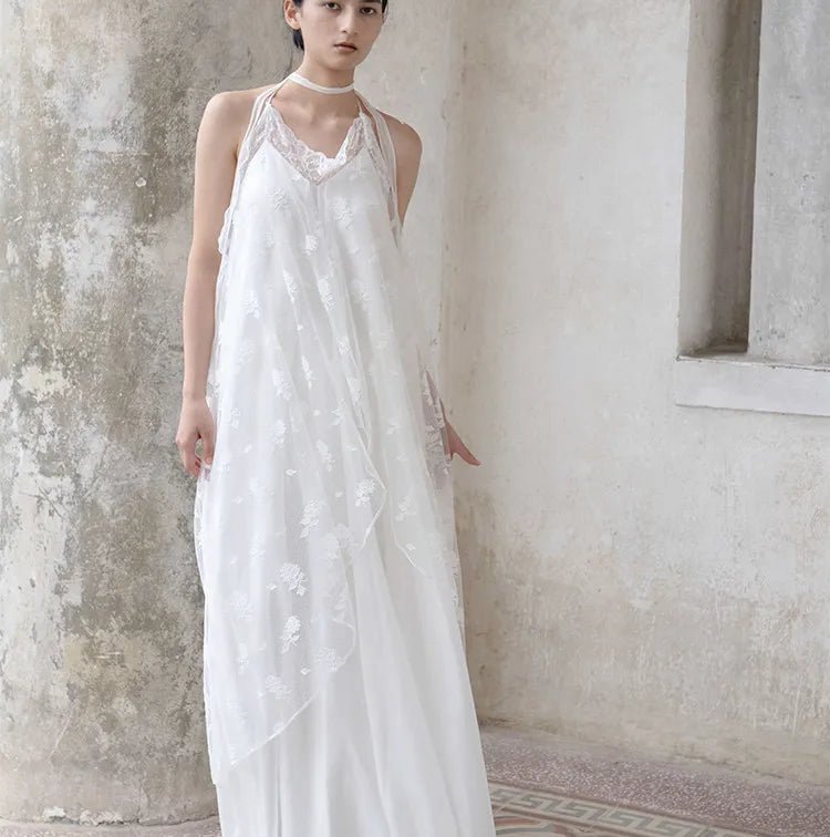 White Lace Halter Beach Wedding Gown - Luzilly Bridal & Apparel