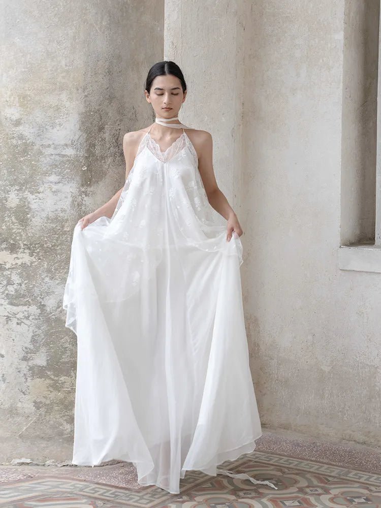 White Lace Halter Beach Wedding Gown - Luzilly Bridal & Apparel
