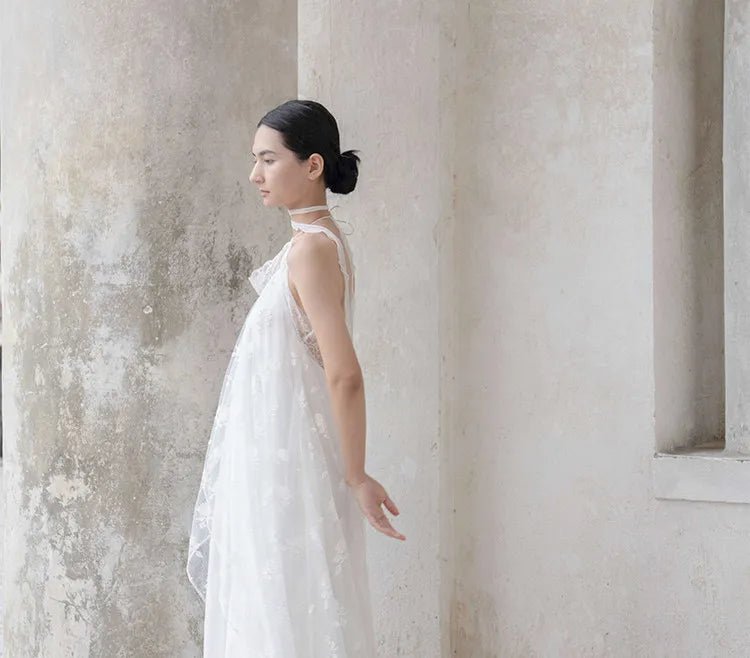 White Lace Halter Beach Wedding Gown - Luzilly Bridal & Apparel