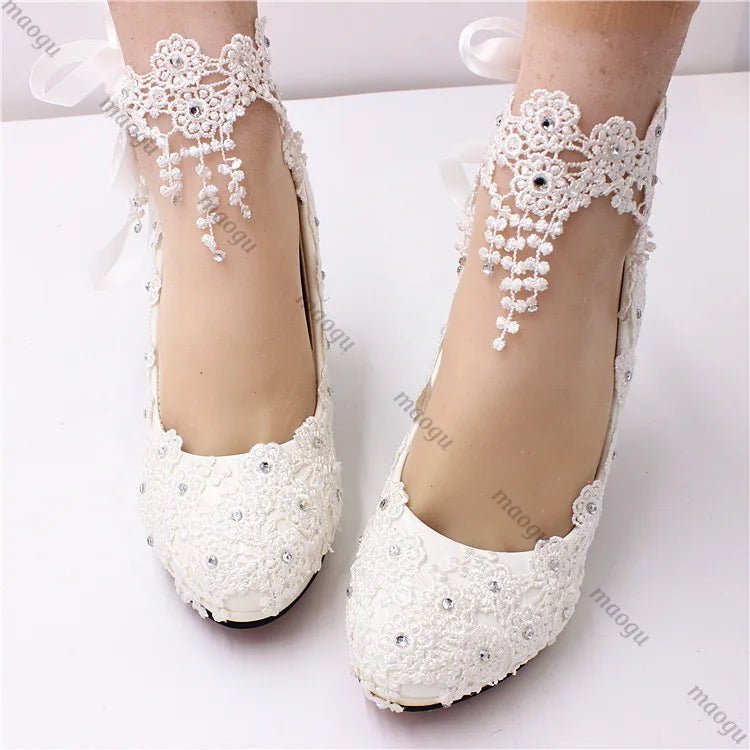White Lace & Pearl Bridal High Heels - Luzilly Bridal & Apparel
