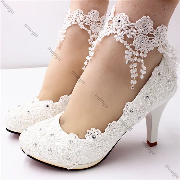 White Lace & Pearl Bridal High Heels - Luzilly Bridal & Apparel
