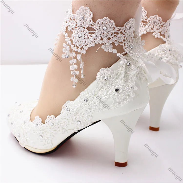 White Lace & Pearl Bridal High Heels - Luzilly Bridal & Apparel