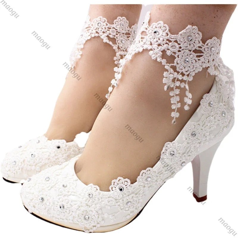 White Lace & Pearl Bridal High Heels - Luzilly Bridal & Apparel