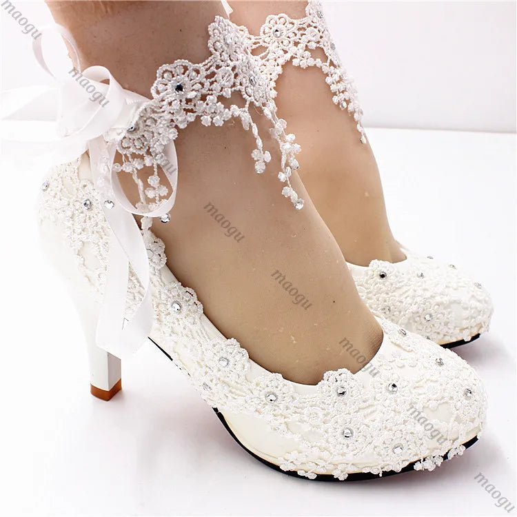 White Lace & Pearl Bridal High Heels - Luzilly Bridal & Apparel