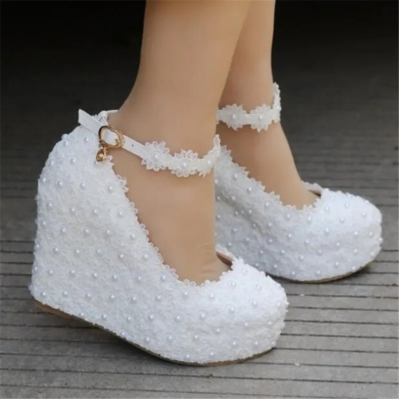 White Lace & Pearl Platform Wedge Bridal Pumps - Luzilly Bridal & Apparel