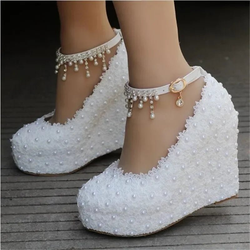 White Lace & Pearl Platform Wedge Bridal Pumps - Luzilly Bridal & Apparel