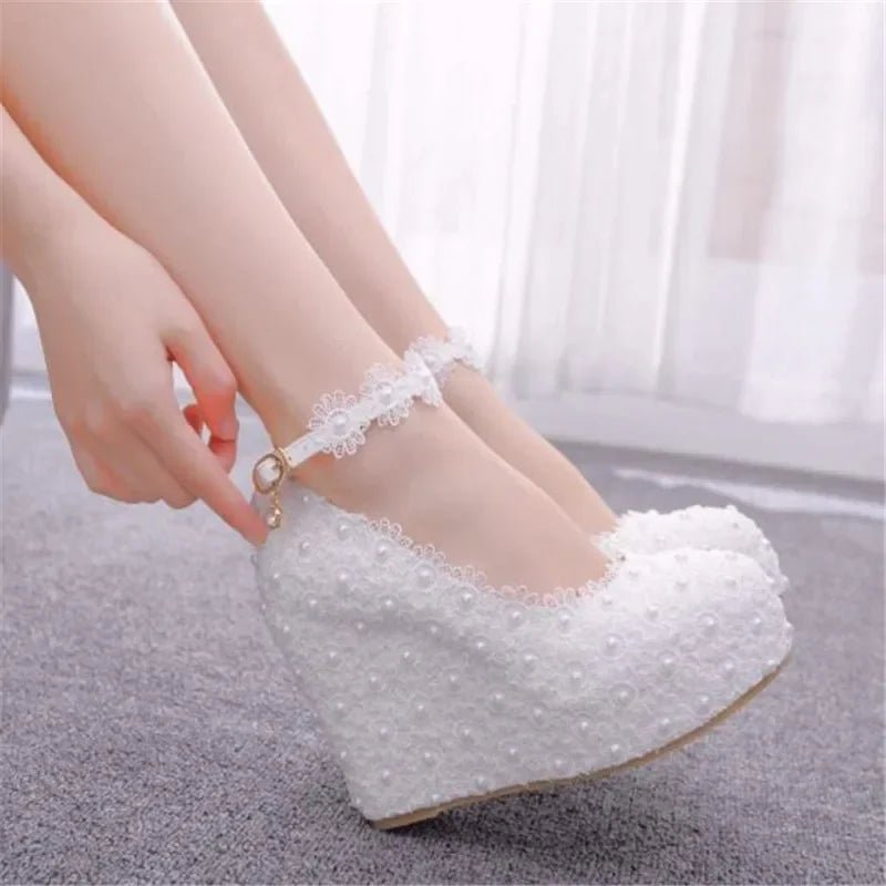 White Lace & Pearl Platform Wedge Bridal Pumps - Luzilly Bridal & Apparel