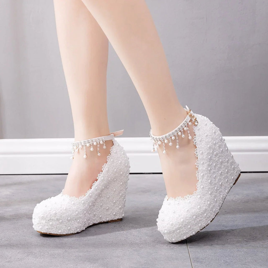 White Lace & Pearl Platform Wedge Bridal Pumps - Luzilly Bridal & Apparel