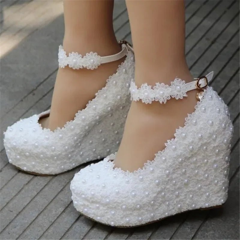White Lace & Pearl Platform Wedge Bridal Pumps - Luzilly Bridal & Apparel