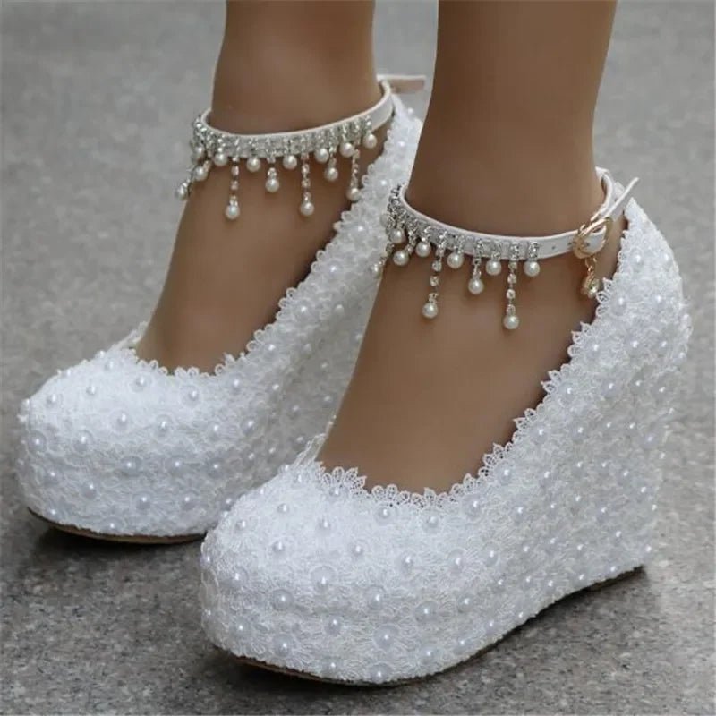 White Lace & Pearl Platform Wedge Bridal Pumps - Luzilly Bridal & Apparel