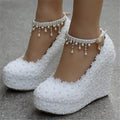 White Lace & Pearl Platform Wedge Bridal Pumps - Luzilly Bridal & Apparel