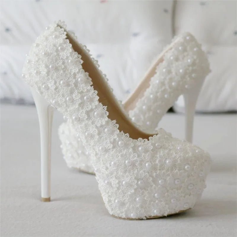 White Lace Platform Bridal Pumps - Luzilly Bridal & Apparel
