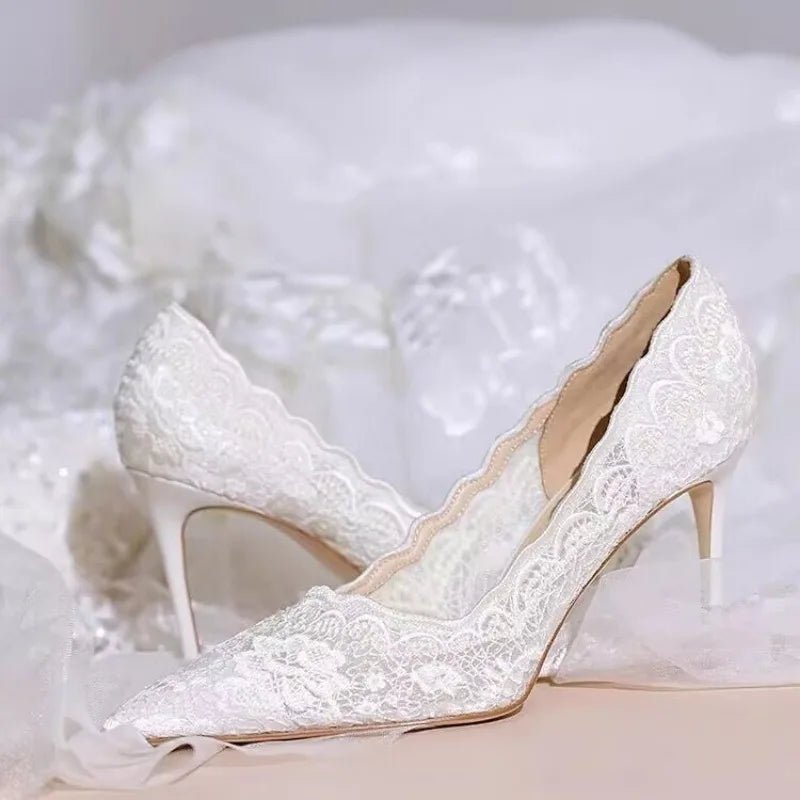 White Lace Pointed Stiletto Bridal Heels - Luzilly Bridal & Apparel